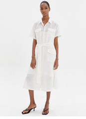 Chic Linen Belted Shirt Dress with Short Sleeves and Utility Pockets for Women
