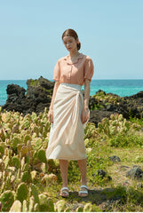 High-Waisted Wrap-Style Midi Skirt in Breathable Linen Fabric With Front Tie and Elegant Drape