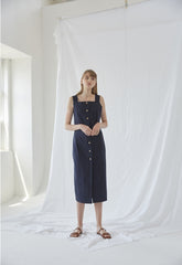 Sleeveless Linen Midi Dress With Front Button Closure And Square Neckline For Modern Minimalism