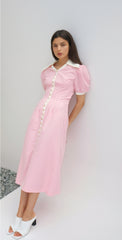 Linen Midi Dress With Contrast Collar and Puff Sleeves Button-Front Detail