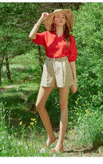 High-Rise Tailored Linen Shorts with Button Detail – Women's Summer Wardrobe Essential