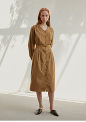 Structured Cotton Blend Button-Down Midi Dress for Women with V-Neck and Elastic Back Waist