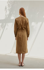 Structured Cotton Blend Button-Down Midi Dress for Women with V-Neck and Elastic Back Waist