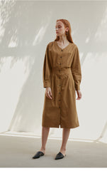 Structured Cotton Blend Button-Down Midi Dress for Women with V-Neck and Elastic Back Waist