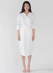 Relaxed-Fit Linen Shirt with Pointed Collar and Draped Overlap Design for Modern Minimalist Style