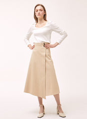 High-Waisted Linen A-Line Skirt with Front Overlap Detail and Button Closure for Elegant Styling