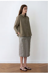 High-Waisted Midi Skirt In Breathable Linen With Back Vent And Straight Silhouette        4o