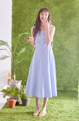 Gingham Linen Midi Dress with Tie Shoulder Straps and Flared Hem for Effortless Summer Style