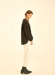 Relaxed Fit Long Sleeve Linen Shirt with Gathered Yoke Detail and Keyhole Back Closure