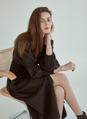 Refined Button-Down Midi Dress With Gathered Sleeves and Waist Detail in Soft Linen Fabric
