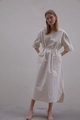 Oversized Linen Midi Dress with Elbow-Length Sleeves and Adjustable Waist Tie Detail