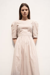 Women's Linen Puff Sleeve Midi Dress – Gathered Waist A-Line Dress with Round Neck