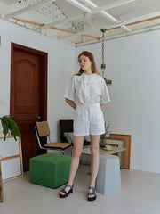 High-Rise Tailored Linen Shorts for Women With Embroidered Texture and Structured Silhouette