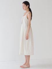 Sleeveless Square-Neck Midi Linen Dress with Flared Hem and Back Cross-Strap Detail