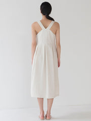 Sleeveless Square-Neck Midi Linen Dress with Flared Hem and Back Cross-Strap Detail