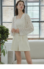 Lightweight Linen Blouse with Polka Dot Pattern and Ruffled Square Neckline