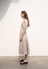 Women's Linen Puff Sleeve Midi Dress – Gathered Waist A-Line Dress with Round Neck