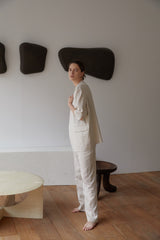 Natural Linen Blouse with Elbow-Length Sleeves and Open Front for Effortless Layering