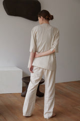 Natural Linen Blouse with Elbow-Length Sleeves and Open Front for Effortless Layering