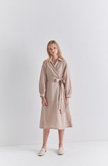 Beige Linen Wrap Midi Dress with Long Sleeves, Collared Neckline, and Waist Tie Detail