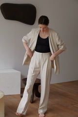 Natural Linen Blouse with Elbow-Length Sleeves and Open Front for Effortless Layering