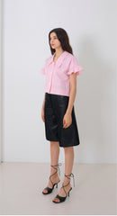 Short-Sleeve Linen Blouse With Oversized Collar And Ruffle Sleeve Hem