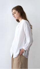 Long-Sleeve Button-Up Linen Blouse With Tie-Cuff Sleeves And Rounded Collar Detail
