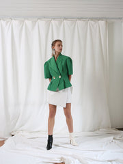 Structured Linen Blazer With Puff Sleeves, Oversized Lapels, And Pleated Waist Detail