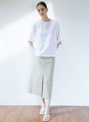 High-Waisted A-Line Midi Skirt in Breathable Linen Fabric with Front Slit Detail