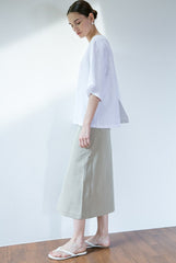 High-Waisted A-Line Midi Skirt in Breathable Linen Fabric with Front Slit Detail