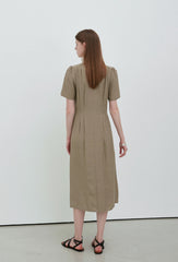 Elegant Button-Front Linen Midi Dress with Flattering Pleats and Feminine Silhouette