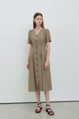 Elegant Button-Front Linen Midi Dress with Flattering Pleats and Feminine Silhouette