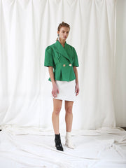 Structured Linen Blazer With Puff Sleeves, Oversized Lapels, And Pleated Waist Detail