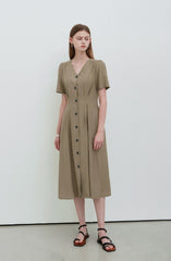 Elegant Button-Front Linen Midi Dress with Flattering Pleats and Feminine Silhouette