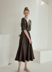 Elegant High-Waisted A-Line Midi Skirt Made from Flowing Pure Silk Fabric for Women