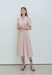 Elegant V-Neck Linen Midi Dress with Button Front and Flattering Pleated Silhouette