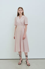 Elegant V-Neck Linen Midi Dress with Button Front and Flattering Pleated Silhouette