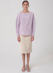 Button-Front Relaxed Fit Linen Blouse with Boat Neckline and Long Sleeves for Women