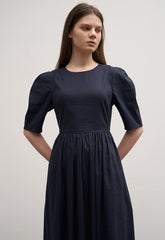 Women's Linen Puff Sleeve Midi Dress – Round Neck A-Line Dress with Button Back Detail