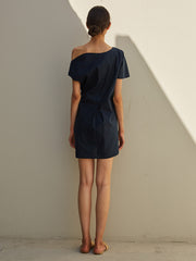 Off-Shoulder Linen Mini Dress with Asymmetrical Neckline and Adjustable Side Tie Detail