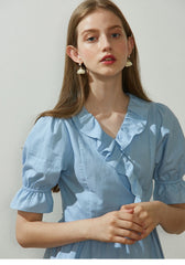 Ruffled Wrap Linen Blouse with Puff Sleeves and Tie Waist for Feminine Everyday Style