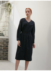 Button-Front Women's Midi Dress in Lightweight Linen with Pleated Skirt and Tailored Waist Detail