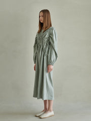 Textured Gathered Linen Midi Dress with Long Sleeves and Sculpted Elastic Waist Detail