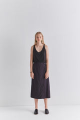 High-Waisted Linen Midi Skirt with Side Button Detail and Elastic Back Waistband