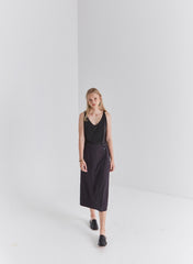 High-Waisted Linen Midi Skirt with Side Button Detail and Elastic Back Waistband