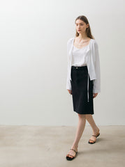 Classic High-Waisted Cotton Denim Midi Skirt with Raw Hem and Front Seam for Modern Minimal Style