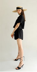 Short-Sleeve Linen Shirt With Oversized Pockets And Wide Pointed Collar