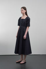 Elegant Cotton Poplin Midi Dress with Square Neckline and Button Front Detail