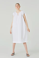 Elegant V-Neck Linen Midi Dress with Waist Tie and Relaxed Sleeveless Silhouette