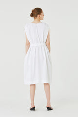 Elegant V-Neck Linen Midi Dress with Waist Tie and Relaxed Sleeveless Silhouette